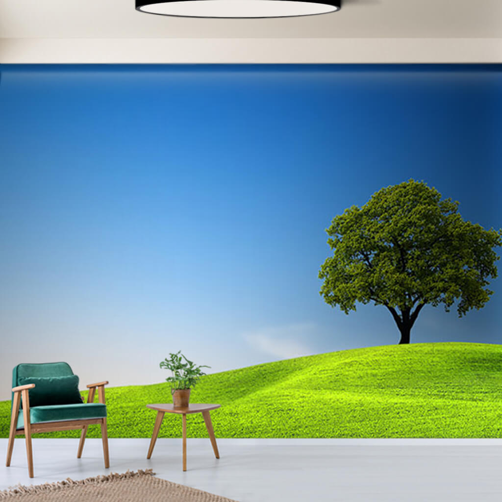 Lonely tree on a green grassy hill scalable custom wall mural