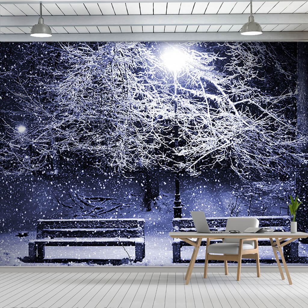 Snowy winter evening park and benches 3D custom wall mural