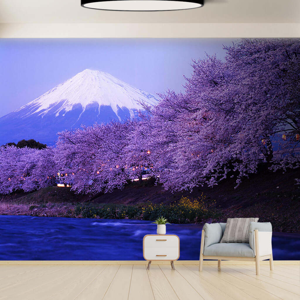Nehir kenarında kiraz ağaçları ve Fuji dağı duvar kağıdı