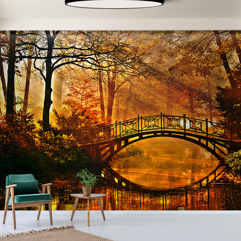 River and arched metal bridge in autumn forest wall mural