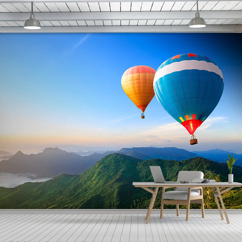 Blue yellow 2 hot air balloons over the mountains wall mural