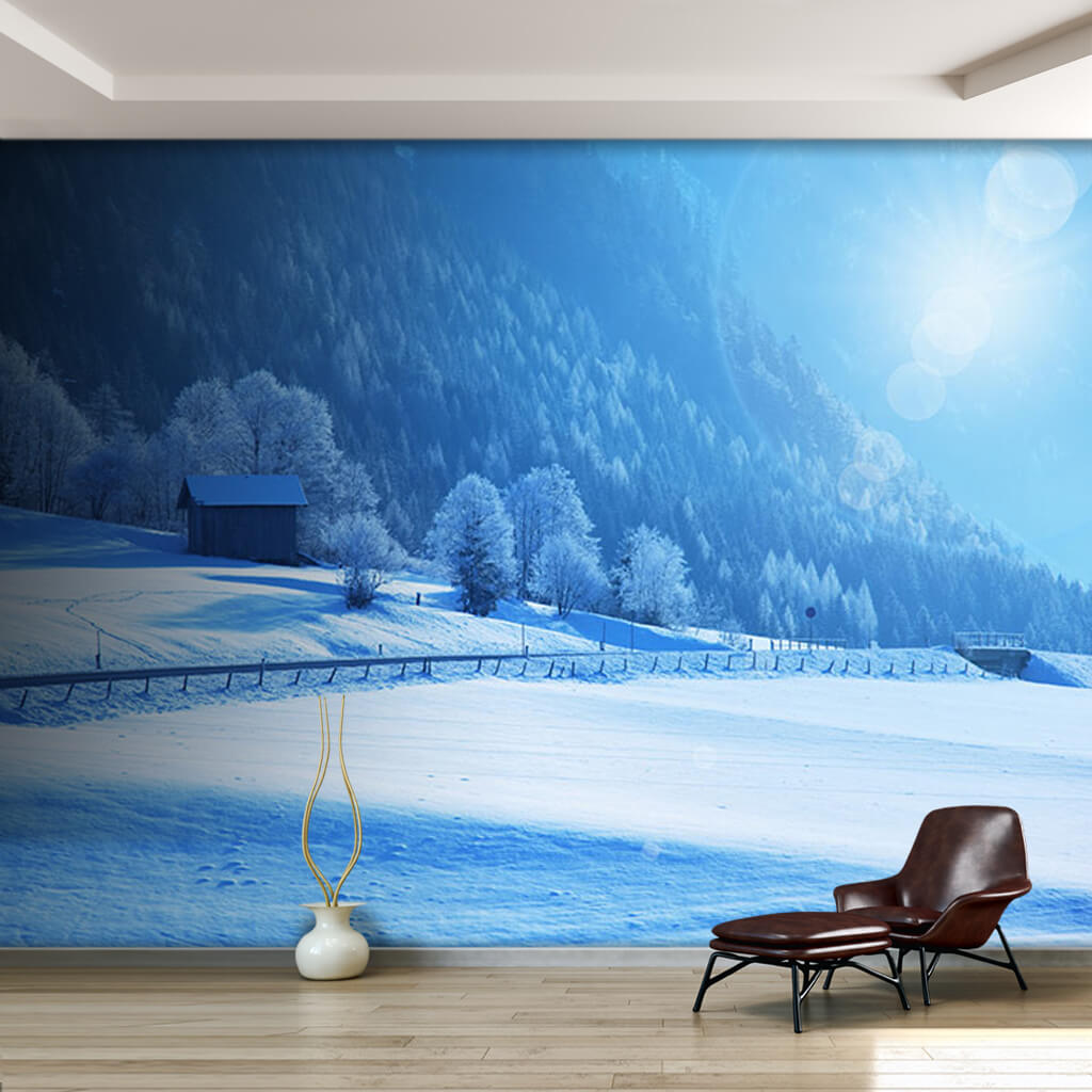 Snowy mountains road and wooden hut in winter wall mural