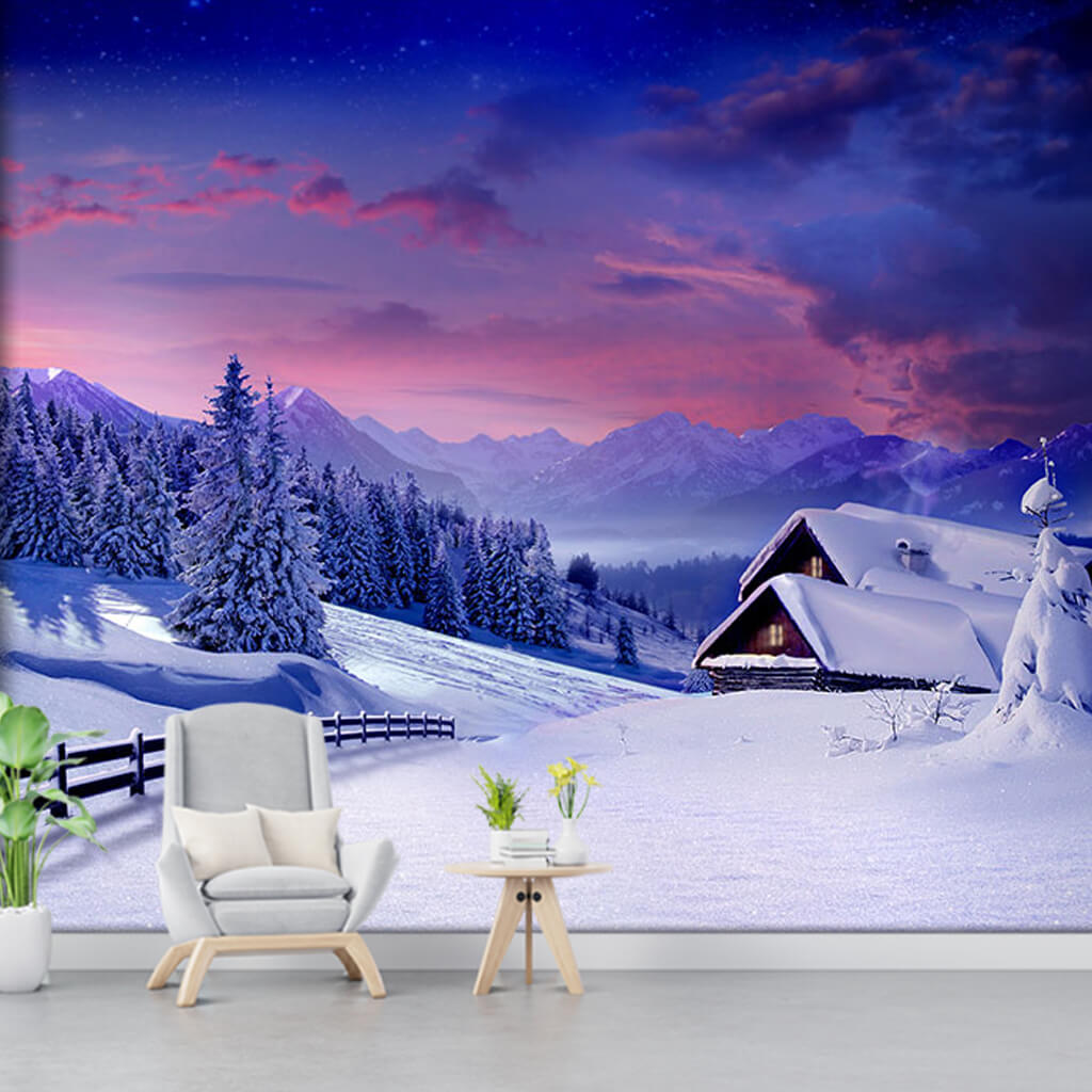 Karlı dağ orman ve büyük ahşap ev kış manzara duvar kağıdı