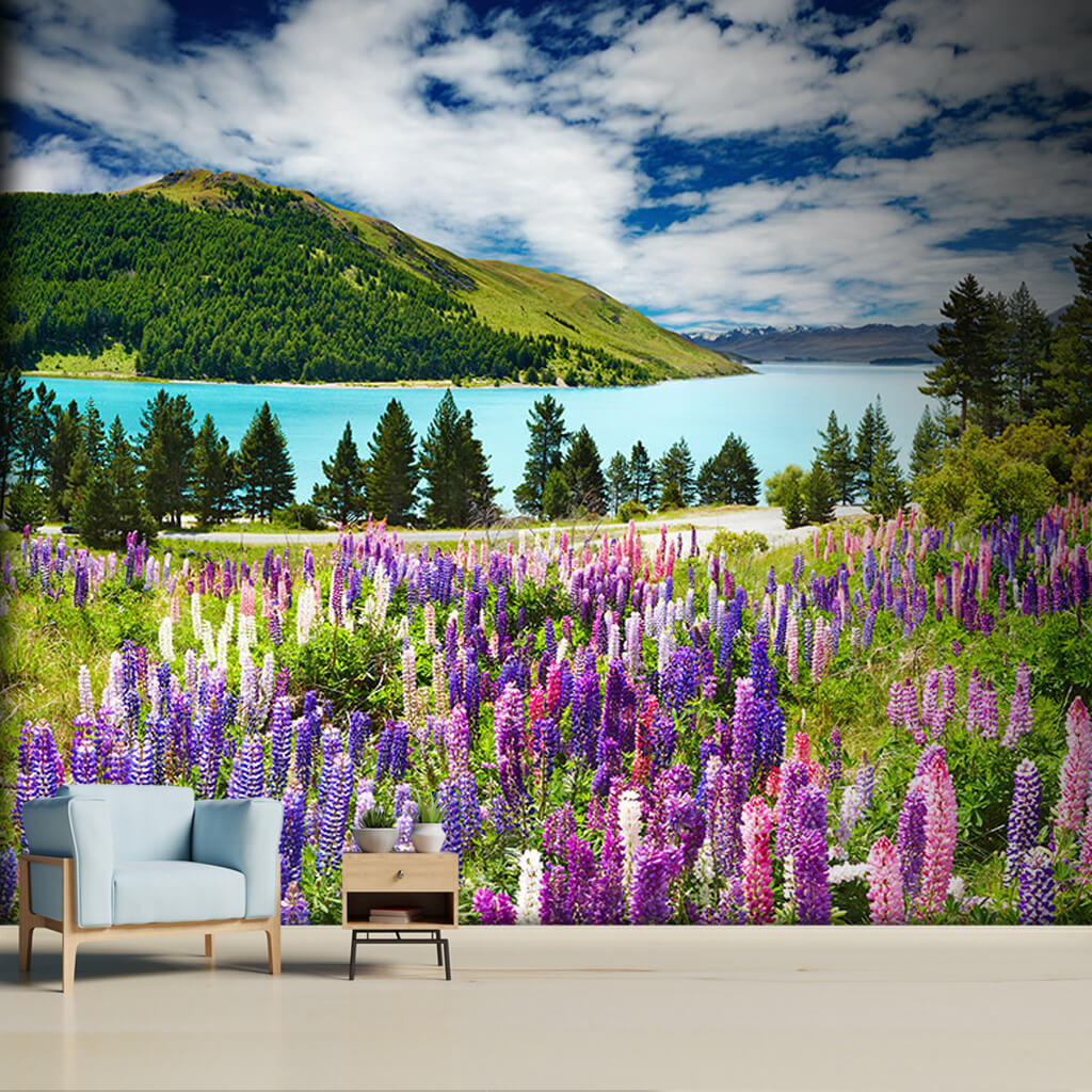 Pink purple magenta mountain lavender by the lake wall mural