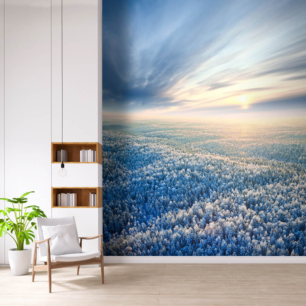 Sunset in snowy taiga forest during winter season wall mural