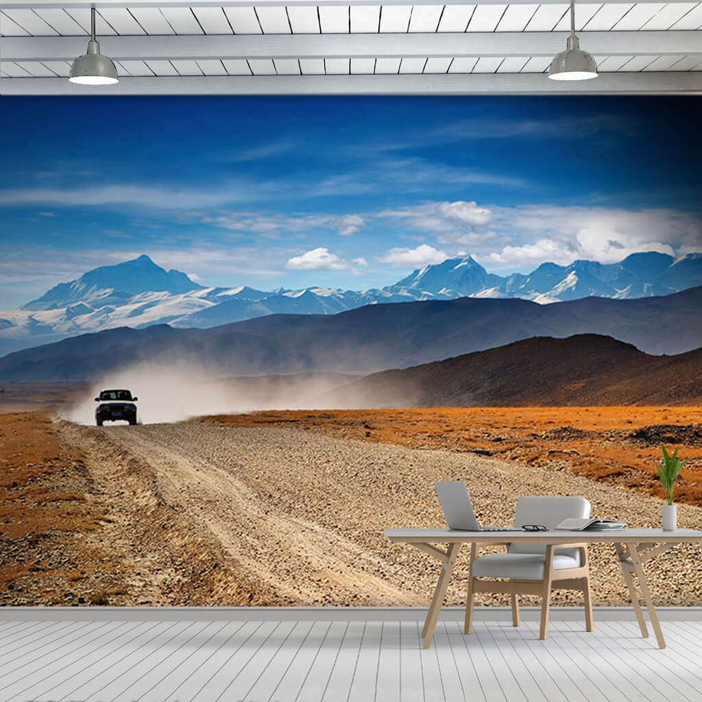 Jeep going on the dirt road Tibetan highlands wall mural