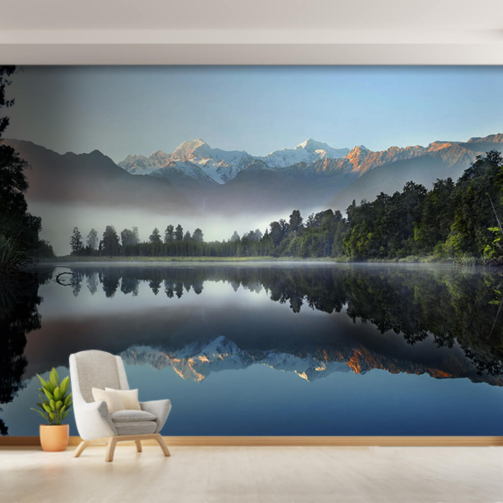 Reflections of mountains in Lake Matheson custom wall mural