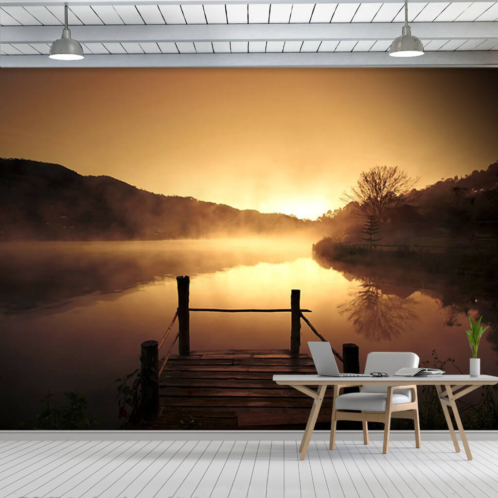 Pier on the lake dawn and morning fog in Thailand wall mural