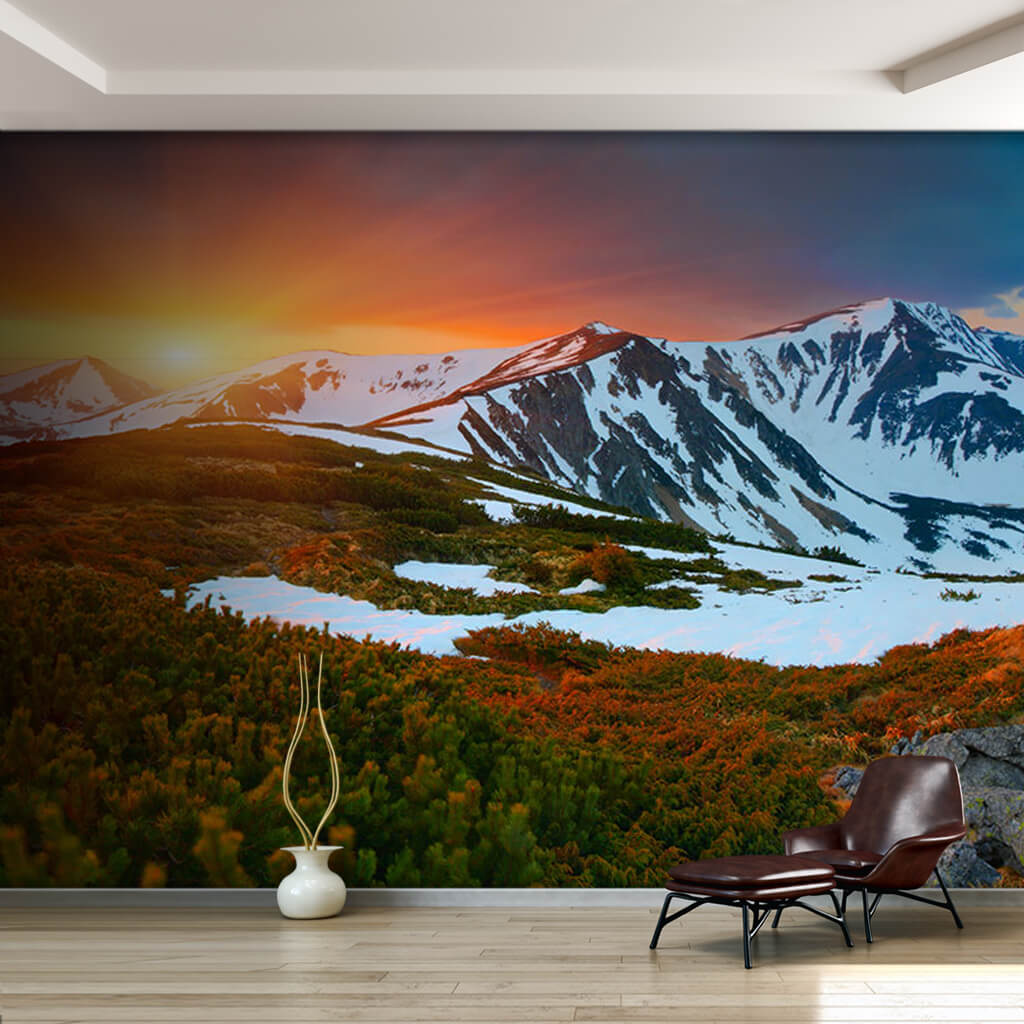 Sunset at snowy mountains and plateaus landscape wall mural