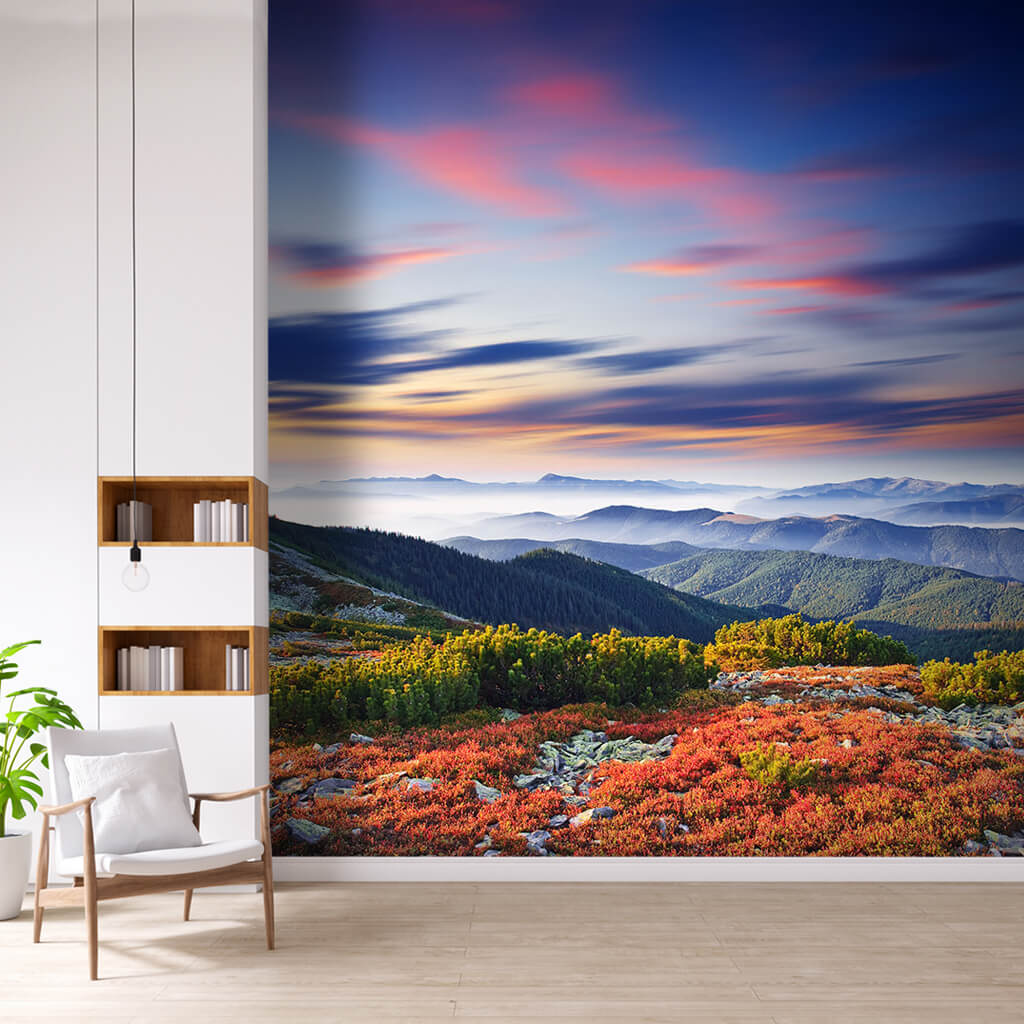 Red mountain plants and cloudy sky scalable custom wall mural