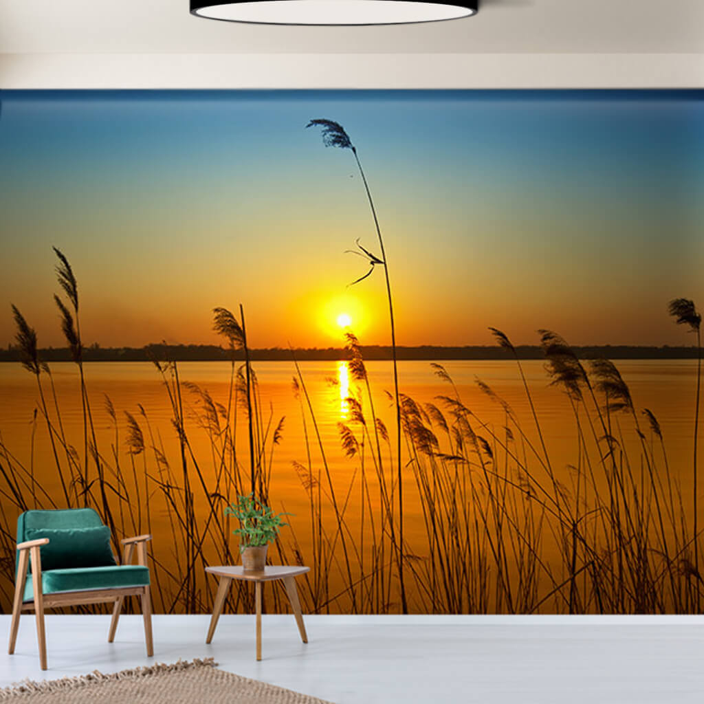 Reeds on the lake at sunset scalable custom wall mural