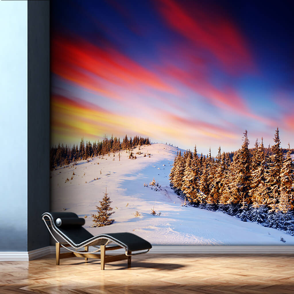 Purple clouds and snowy mountain ridge and forest wall mural