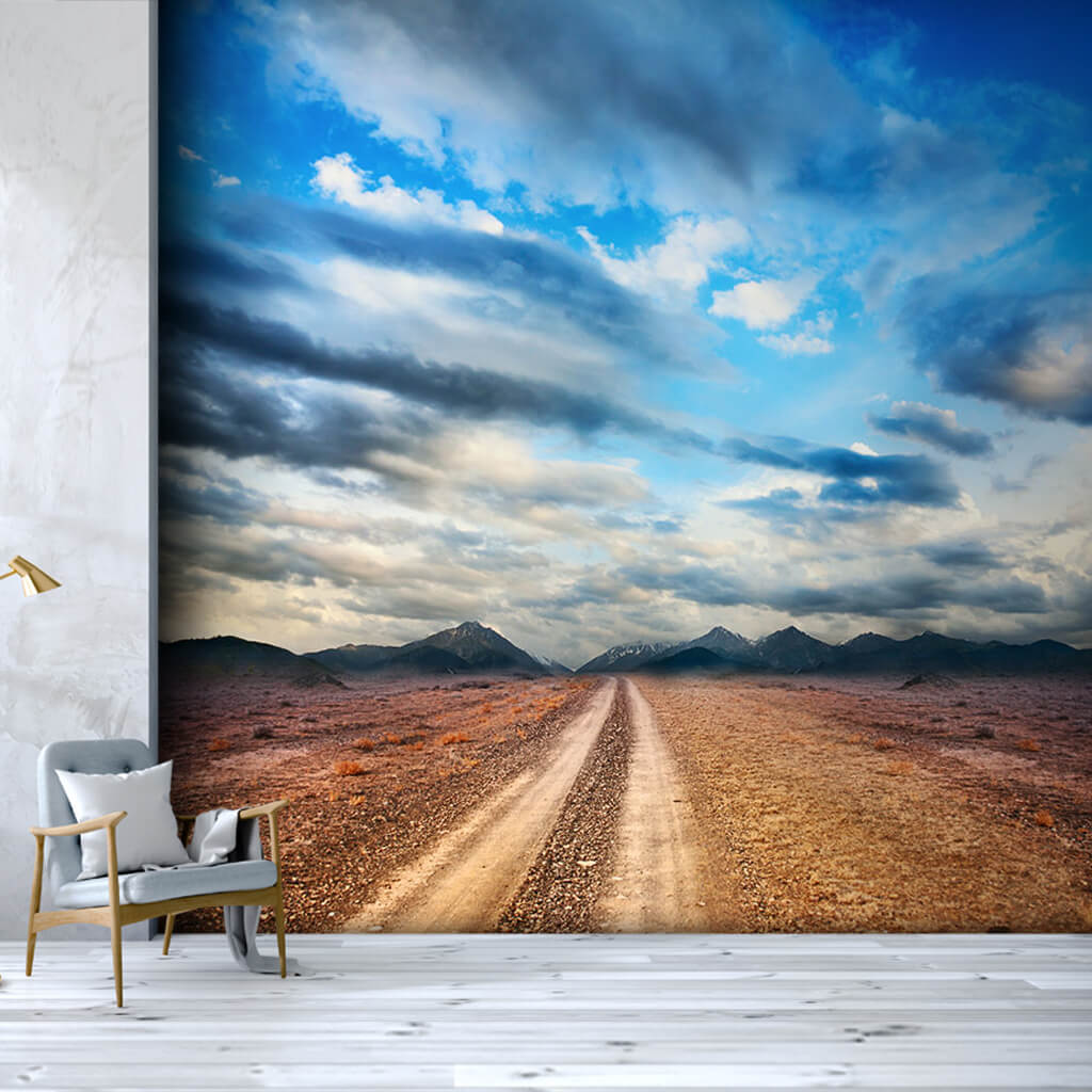 Dirt road leading to the mountains cloudy sky wall mural