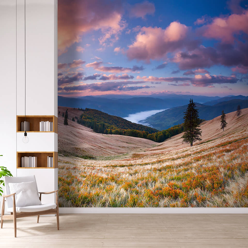 View of mountain ridge and hillside in autumn wall mural