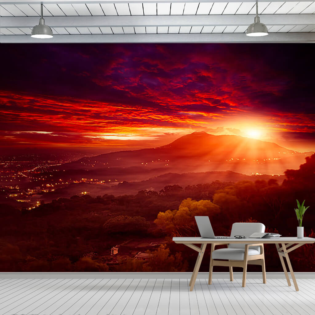 Red sunset and clouds at Guanyin mountain Taiwan wall mural
