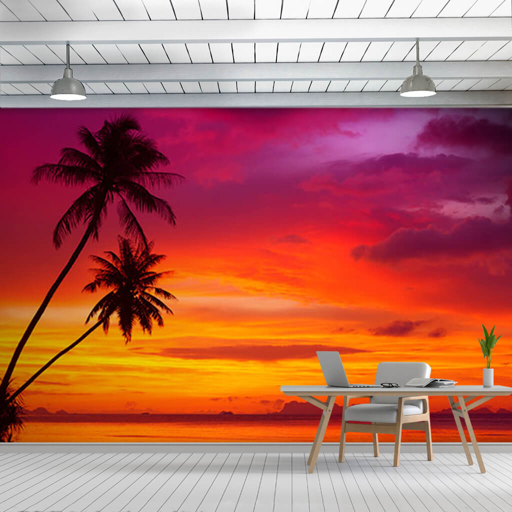 Kızıl gökyüzü gün batımı ve palmiye 3D duvar kağıdı