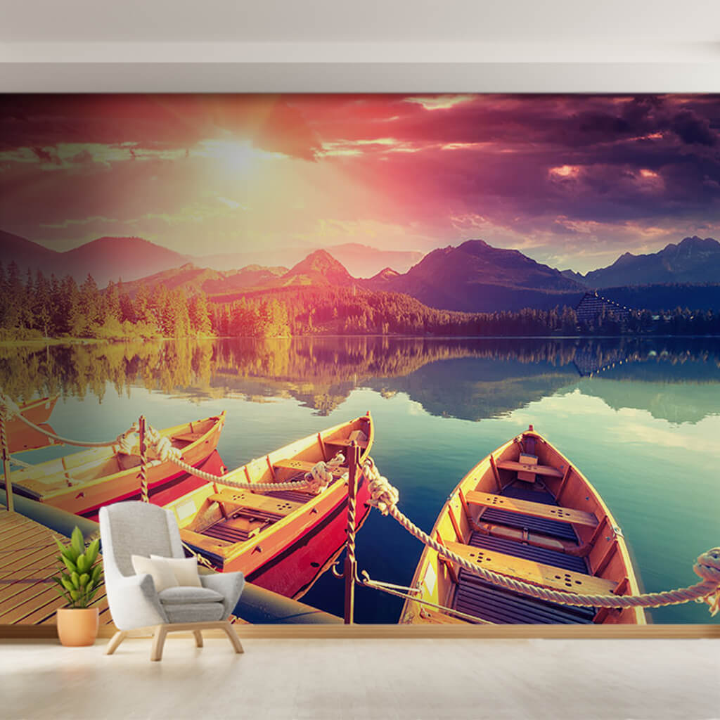 Green alpine mountains and boats in the lake wall mural