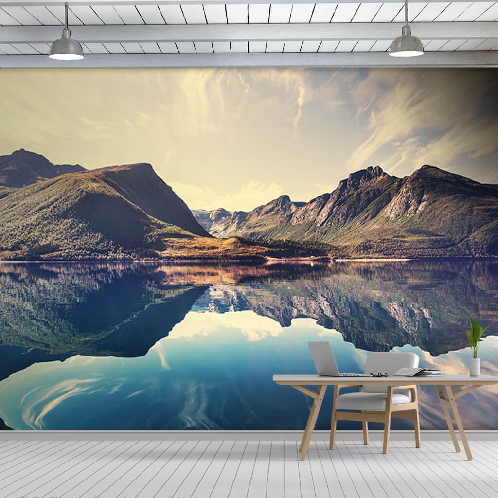 Mountain and sky reflections in the lake Norway wall mural