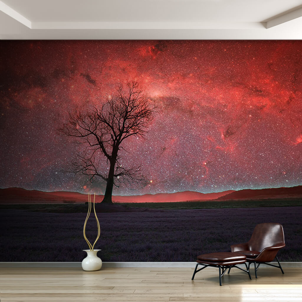 Milky Way night and lonely tree scalable custom wall mural
