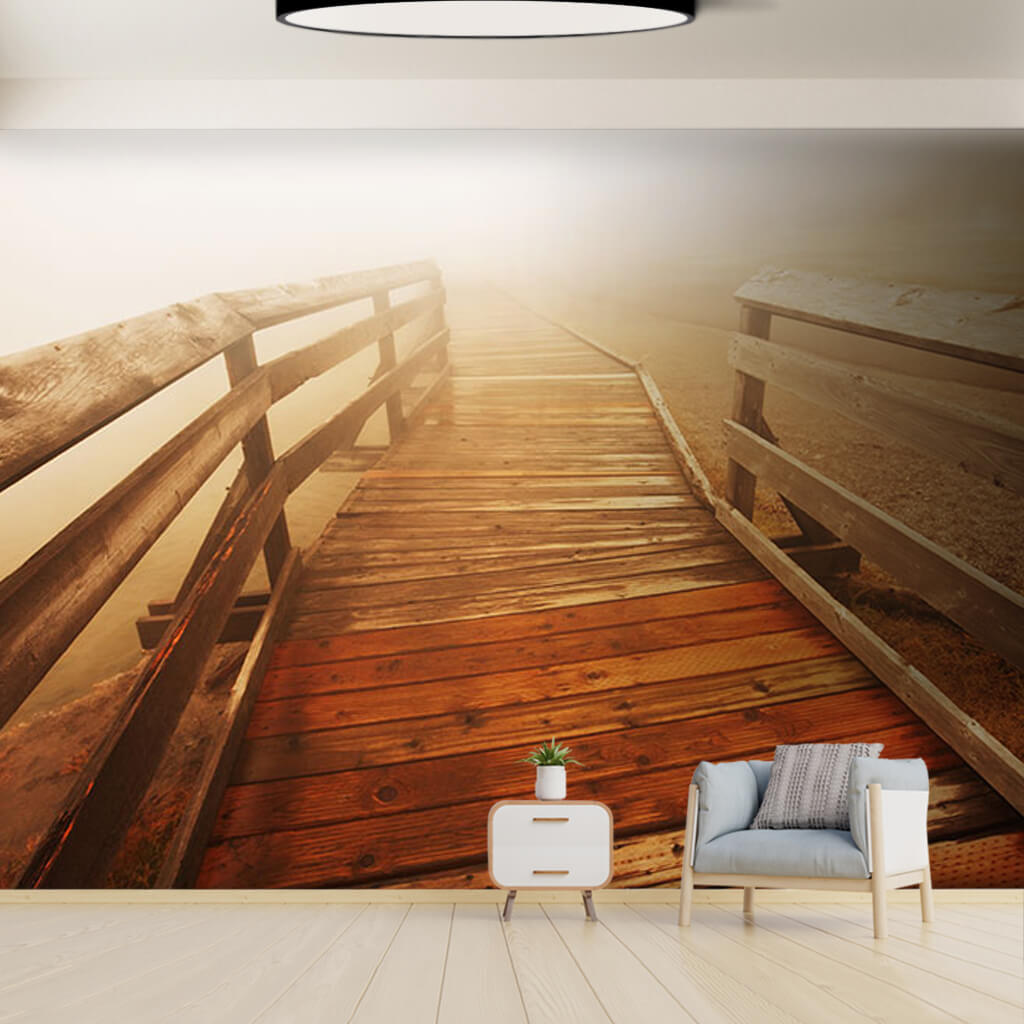 Foggy lake wooden stairs and pier landscape wall mural
