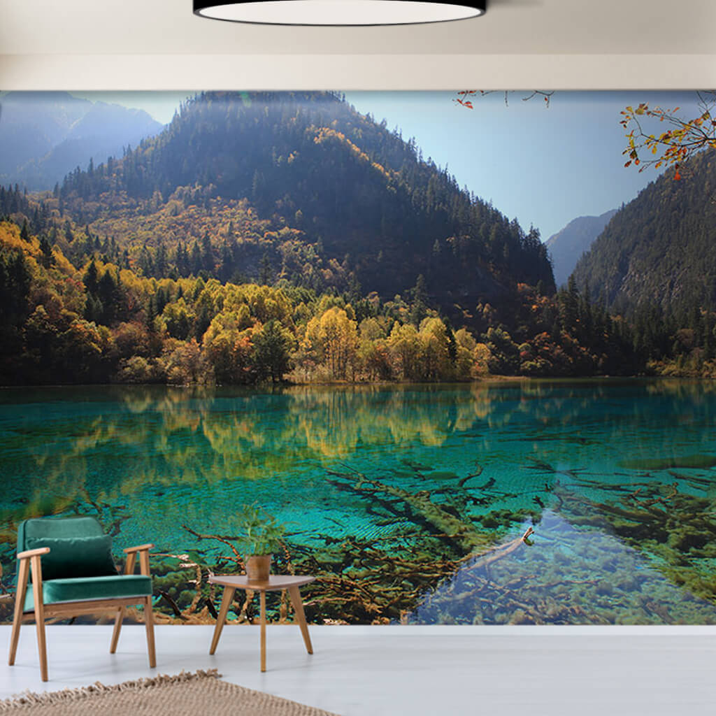 Turquoise lake and green forest with mountains wall mural
