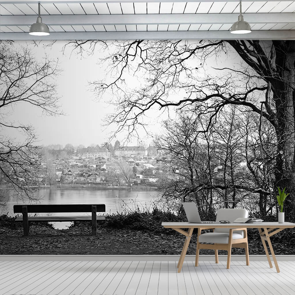 Old bank in front of lake winter season black white wall mural