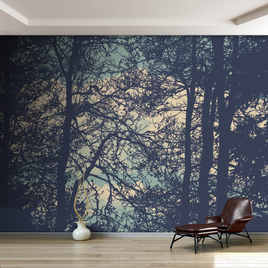 Autumn tree silhouette and clouds scalable custom wall mural