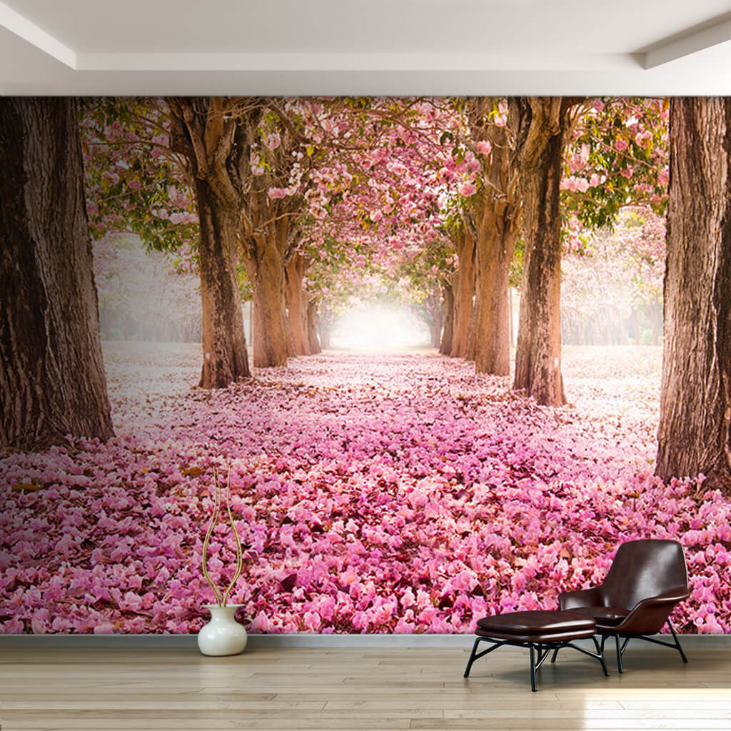 Pink flowering tree lined road nature in spring wall mural