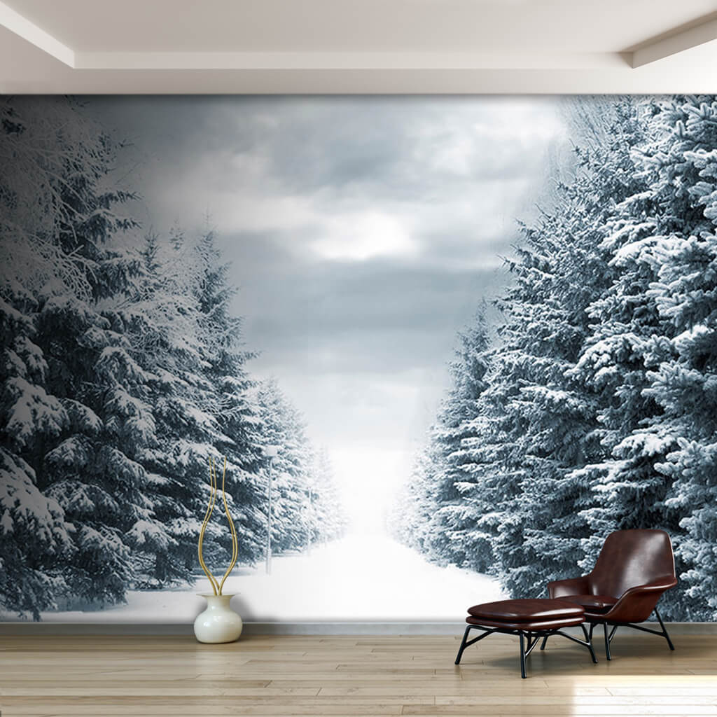 Snowy pine trees forest winter landscape custom wall mural