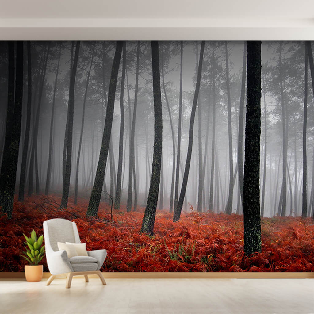 Foggy red bushes and forest at autumn nature wall mural