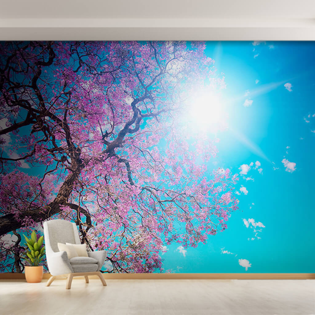 Blooming cherry tree under blue sky custom wall mural
