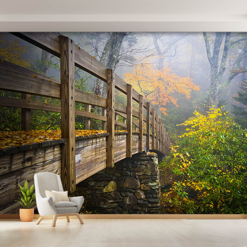 Wood bridge in the forest Appalachian Mountains USA wall mural