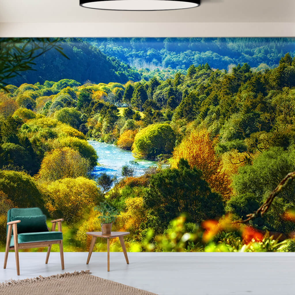 River flowing between green forests New Zealand wall mural