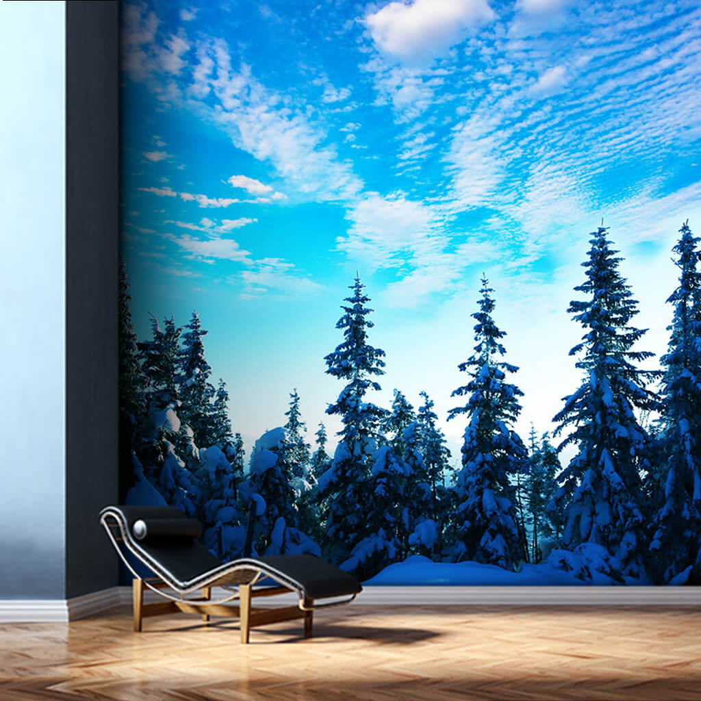 Taiga forest and snow during winter season custom wall mural