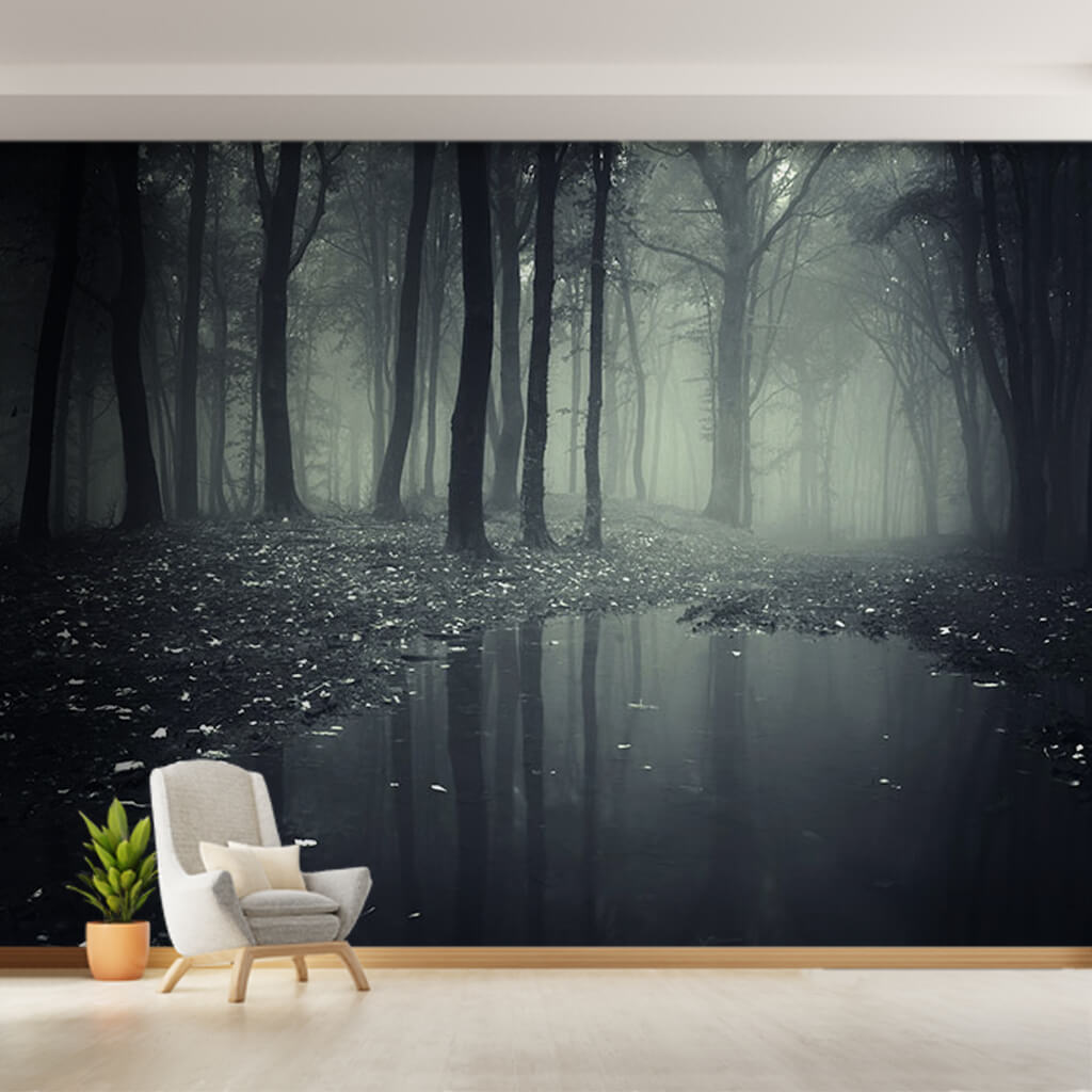 Black forest and trees in night fog custom nature wall mural