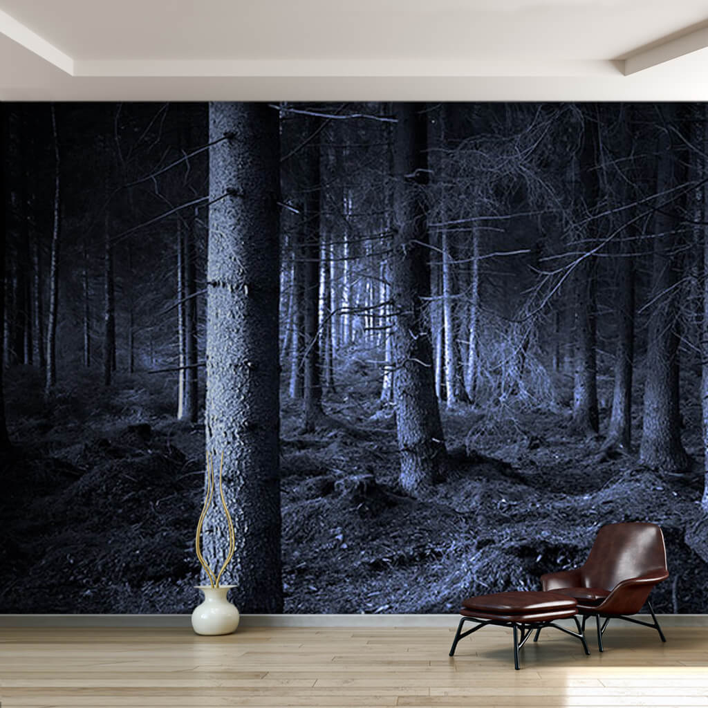 Panoramic landscape with spooky forest at night wall mural