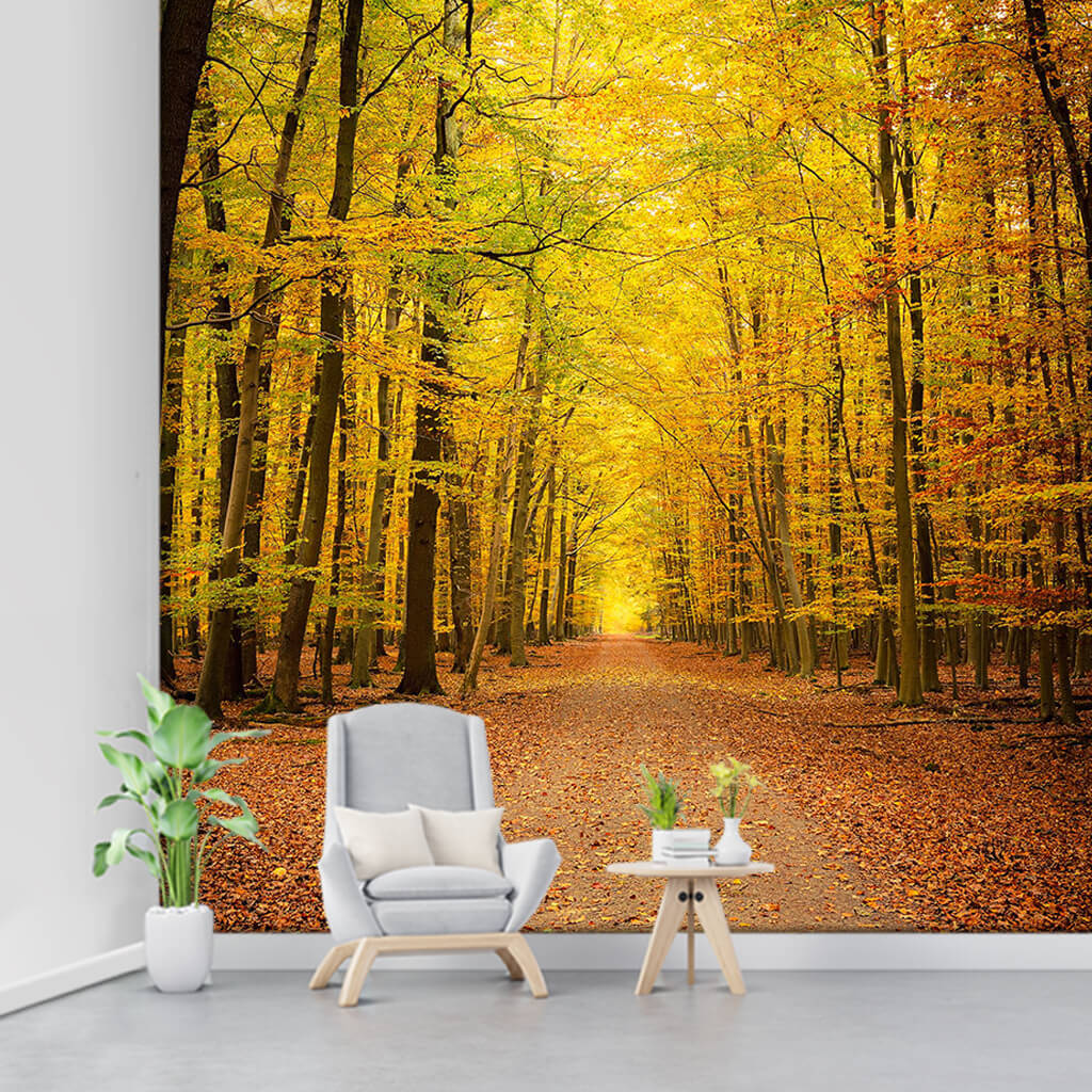 Yellow forest road during the gorgeous autumn wall mural
