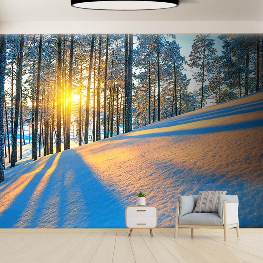 Snowy slope with trees and leaky sunlight custom wall mural