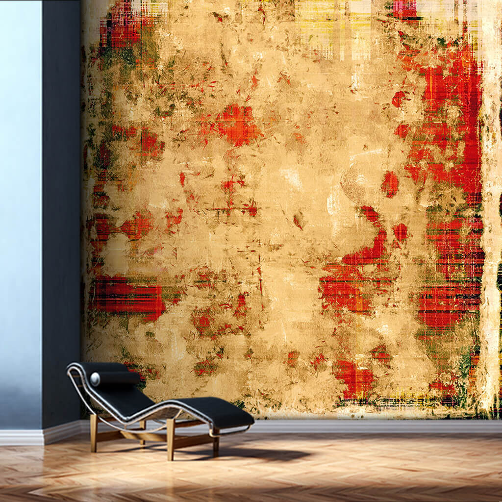 Yellow tumbled antique texture wallpaper on red wall mural