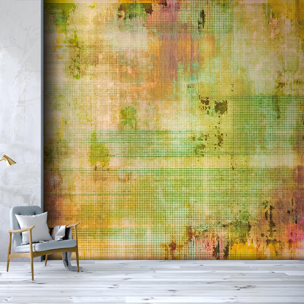 Fabric textured tumbled wall mural with yellow green colors