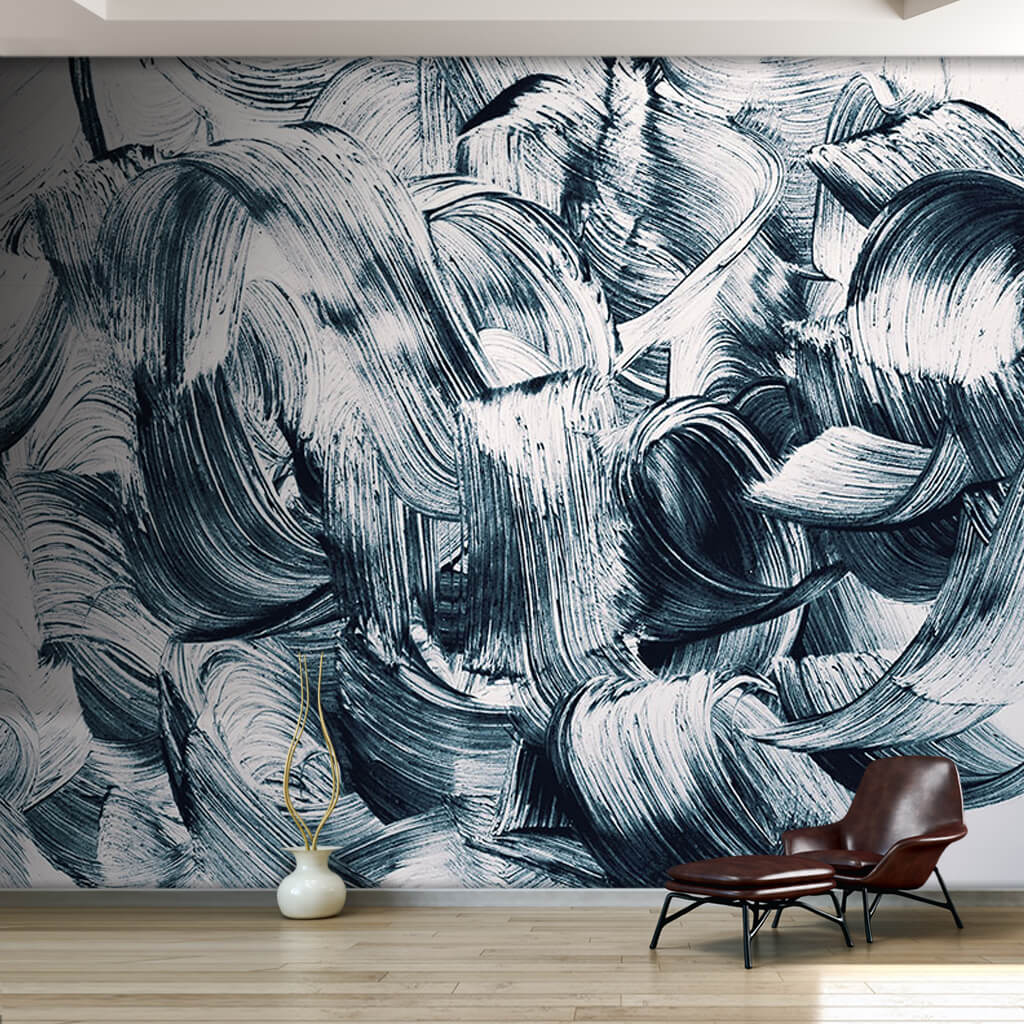 Dynamic painting brush traces on black and white wall mural