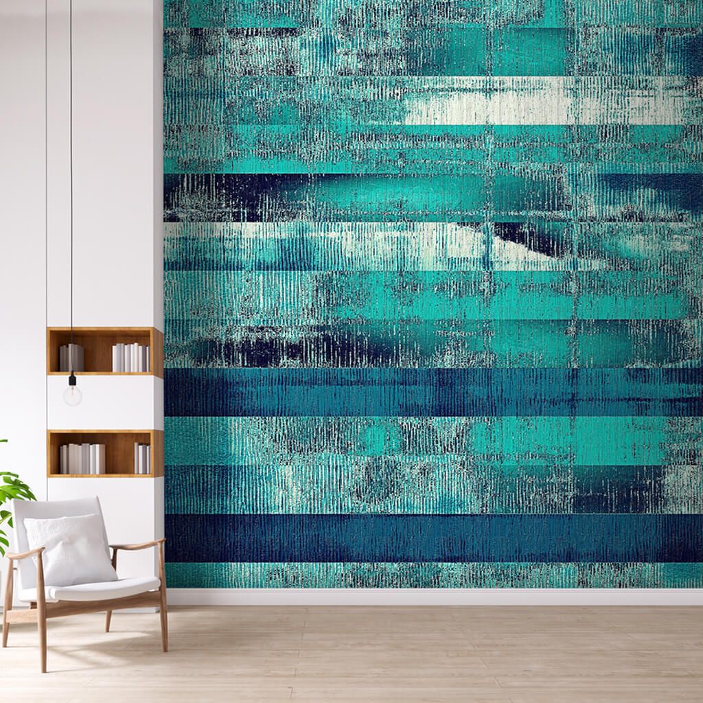 Dynamic painting stripes in shades of blue grunge wall mural
