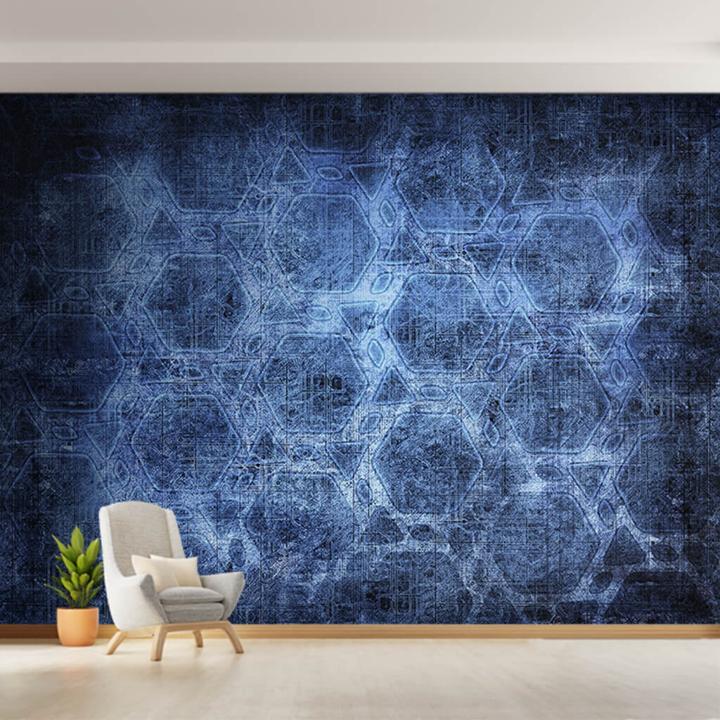 Hexagonal silhouettes on blue dynamic painting wall mural
