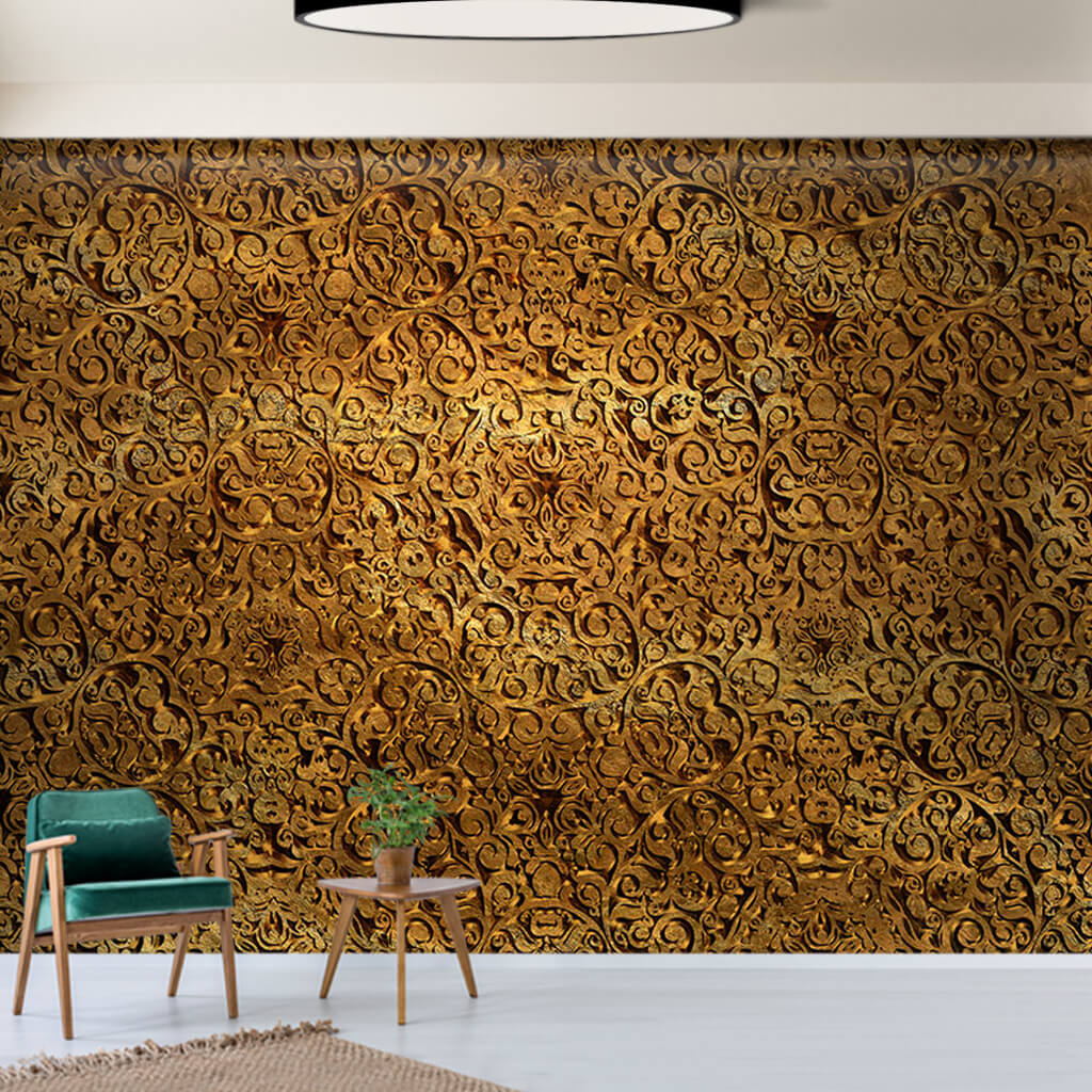 Yellow brown wood carved relief textured custom wall mural